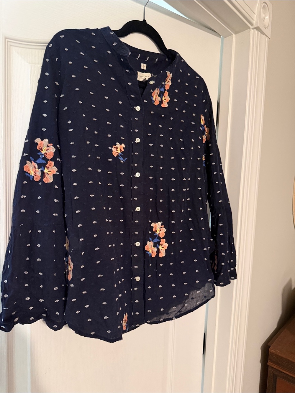 LOFT Navy Button-Front Top with Peach Floral Embroidery